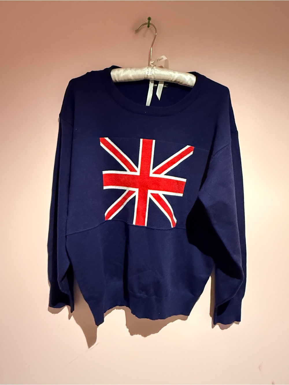 SHEIN Navy Crewneck Sweater with Red & White Union Jack Patch